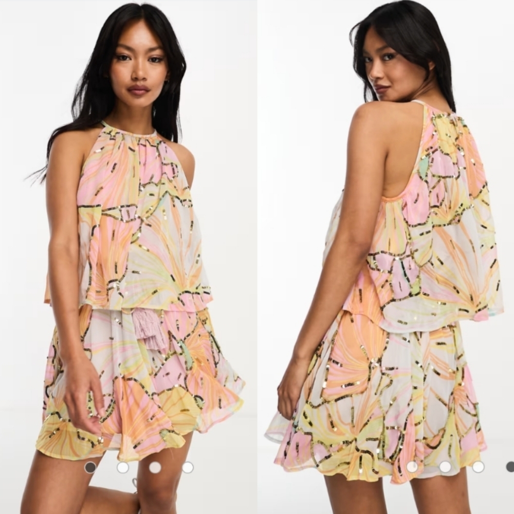 River Island sequin embellished ruffle playsuit halter romper, orange floral